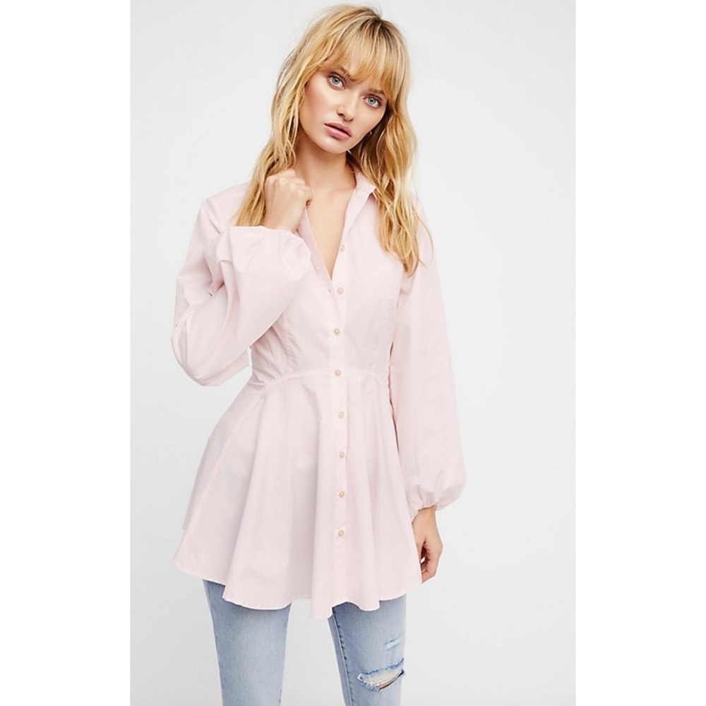 Free People All the Time Tunic Pink Button Down Peplum Mini Dress Balloon Sleeve